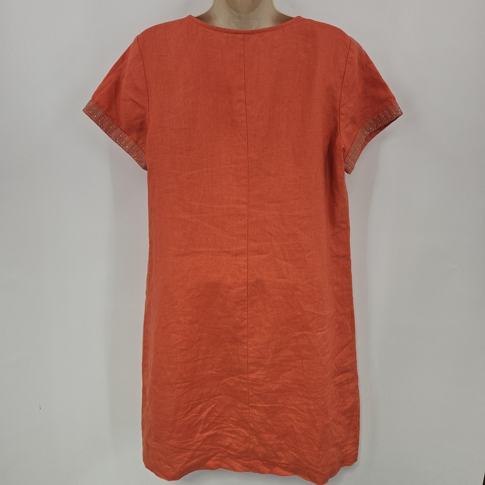 J Jill Dress Women 10 Orange Linen Embroidered Tunic Short Sleeve Boho Shift - Picture 3 of 11
